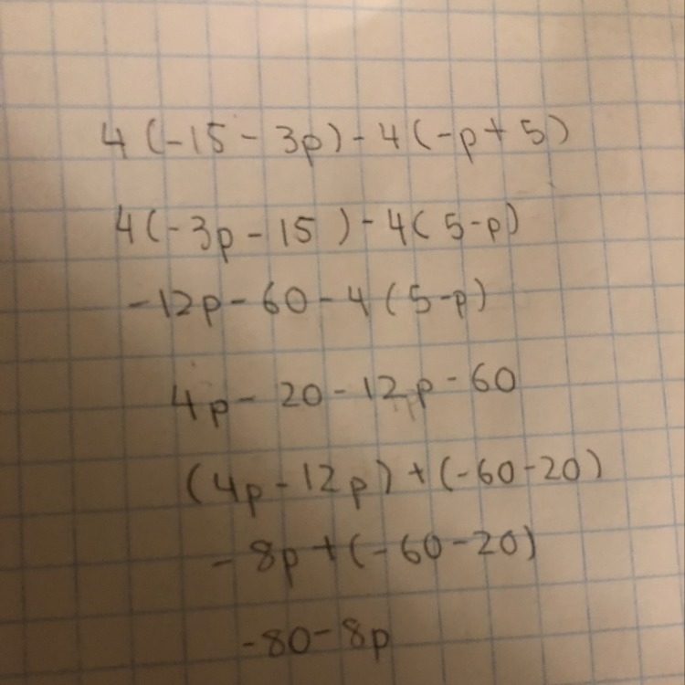 Simplify to create an equivalent expression. 4(−15−3p)−4(−p+5)-example-1