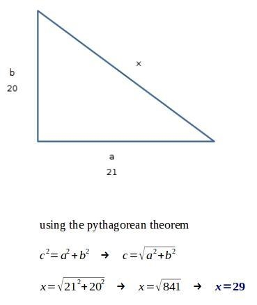 What is the length of the hypotenuse,x,if (20,21,x) is a pythogorean triple?-example-1