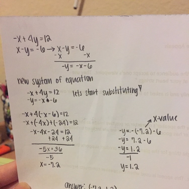 -x+4y=12 x-y=-6 what's the answer using the substitution method?-example-1