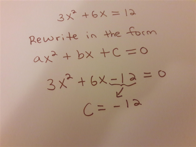 In the equation 3x 2 + 6x = 12, the value of c is:-example-1