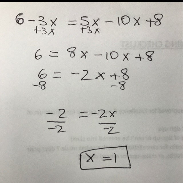 I NEED HELP ASAP!!!! Find the value of x when 6 -3x = 5x - 10x + 8. The value of x-example-1