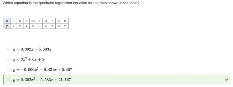 Which equation is the quadratic regression equation for the data shown in the table-example-1