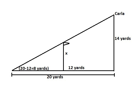 Carla looks from a height of 14 yards at the top of her apartment building. She lines-example-1