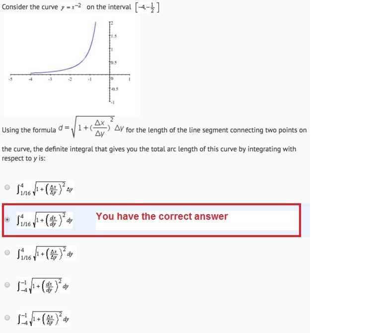 I need to answer three questions about y = x^(-2) on the interval [-4, -1/2]. I have-example-2