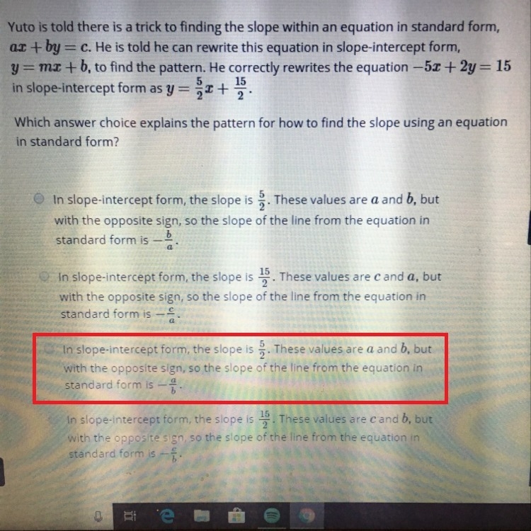 which answer choice explains the pattern for how to find the slope using an equation-example-1