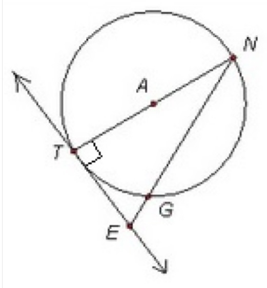 Line ET is tangent to circle A at T, and the measure of Arc TG is 50°. What is the-example-1