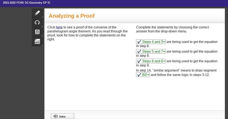 Click here to see a proof of the converse of the parallelogram angle theorem. as you-example-1