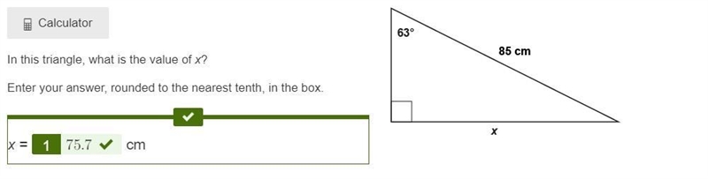 In this triangle, what is the value of x? Enter your answer, rounded to the nearest-example-1