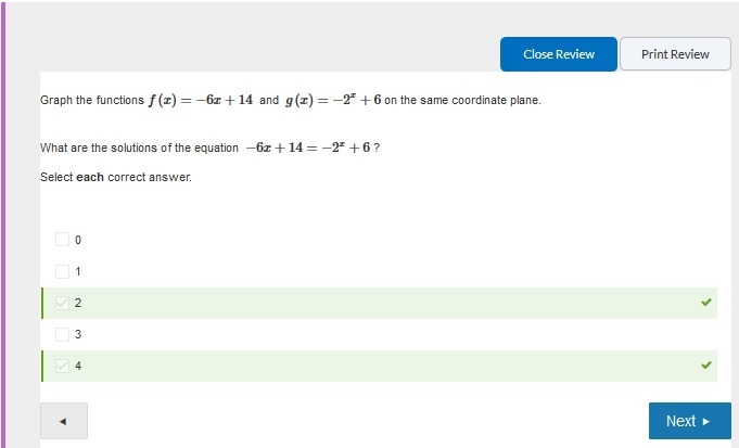 Graph the functions f(x)=−6x+14 and g(x)=−2x+6 on the same coordinate plane. What-example-1