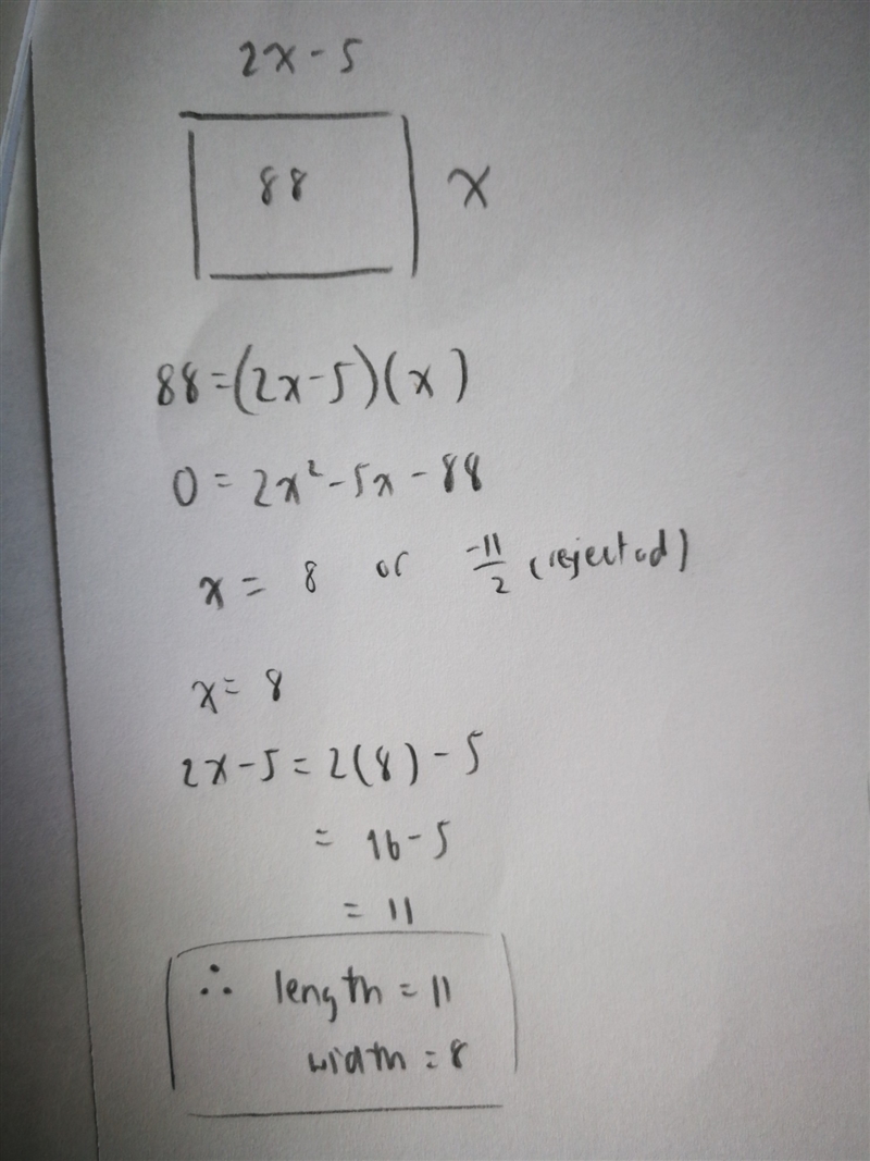 ) the length of a rectangle is 5 cm less than twice the width. if the area of the-example-1