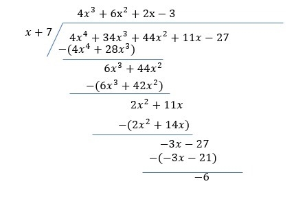 (4x^4+34x^3+44x^2+11x-27)/(x+7) dividing polynomials-example-1