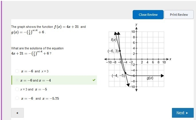 [30 points!!!] The graph shows the function f (x)= 4x + 21 and g (x)= −(⅓)ˣ⁺⁴+6 What-example-1