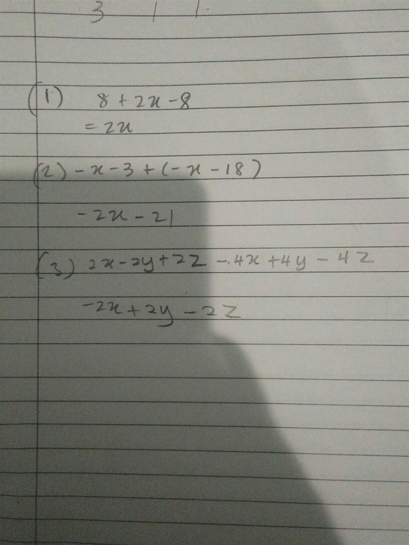 PLEASE HELP ASAP simplify the expressions below 1) 8 + (x-4 )2 2) - (x+3) + 3(-x -6) 3) 2(x-example-1