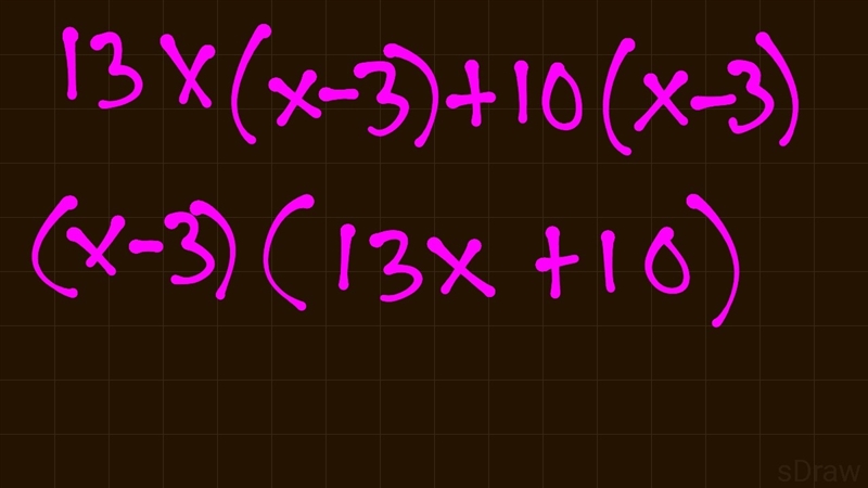 1 . Factor 13x⋅(x−3)+10⋅(x−3) 2. Factor 17t⋅(17t−9)−12⋅(17t−9)-example-1