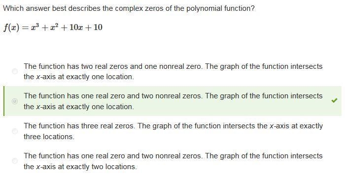 Which answer best describes the complex zeros of the polynomial function? f(x)=x3+x-example-1