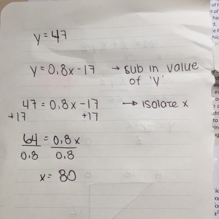 What is the value of x when y=47 y=0.8x-17 PLS HELP ASAP-example-1