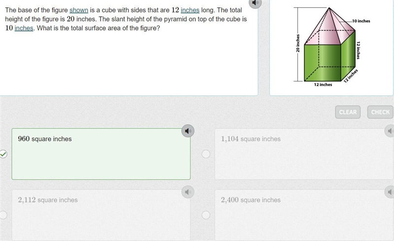 The base of the figure shown is a cube with sides that are 12 inches long. The total-example-1