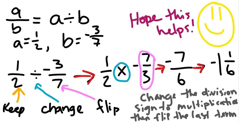 Evaluate a/b for a= 1/2 and b= - 3/7 A) - 7/6 B) 3/14 C) - 3/14 D) - 32/21 Please-example-1