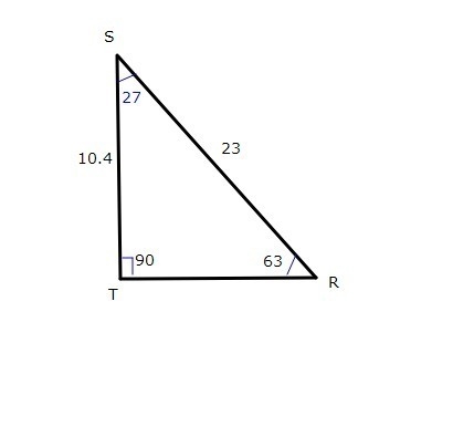 In Triangle RST, Angle R = 63 degrees, angle T=90 degrees, Side RS =23, side st = 10.4. Which-example-1