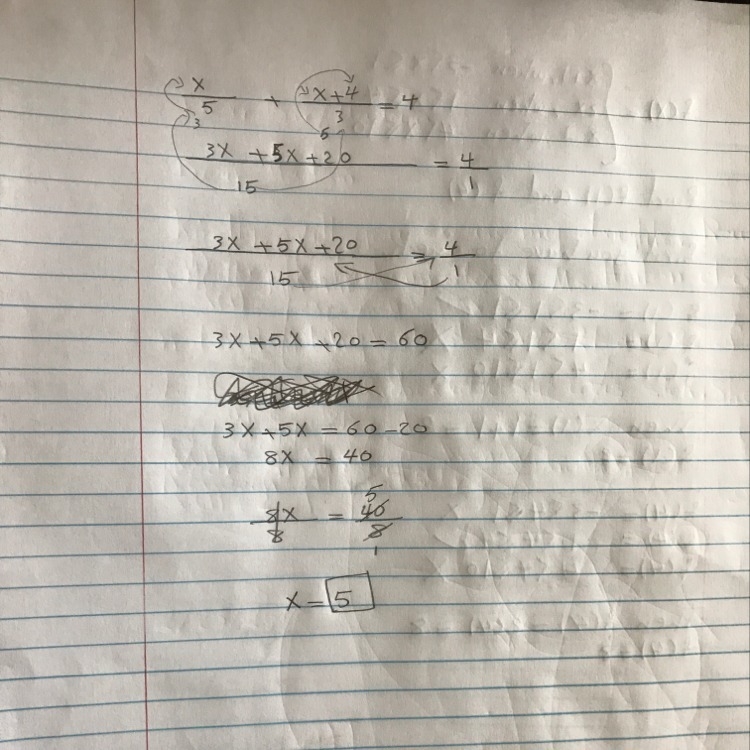 I don't get it x/5 + x+4/3 = 4-example-1