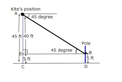 A kite needs to be flown at a height 45 feet in the air. The kite's string will be-example-1