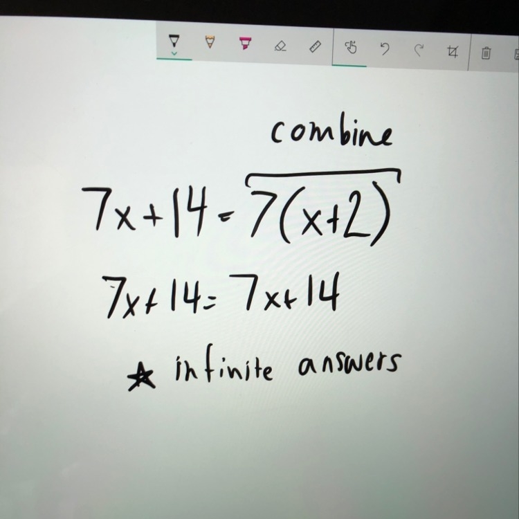 Solve the following equation. Show your work. 7x + 14 = 7(x+2)-example-1