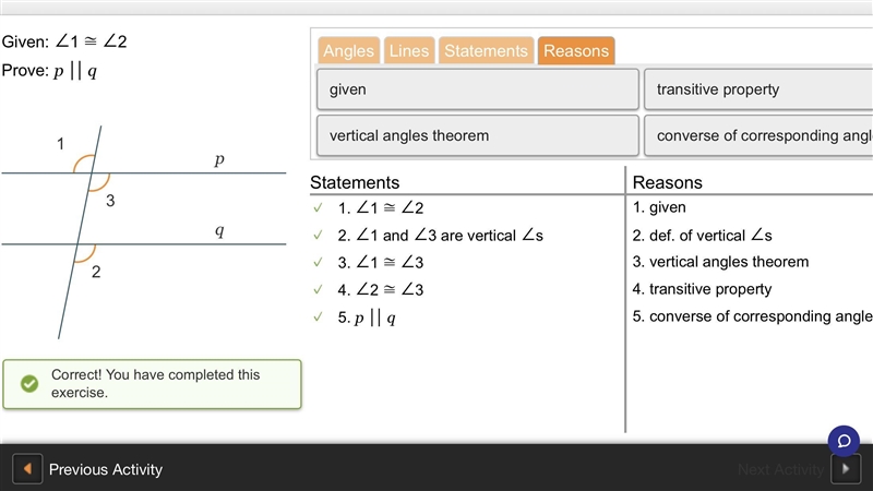 Which of the following completes the two-column proof below? HELP PLEASE!! Given: ∠1 ≅ ∠2, p-example-1