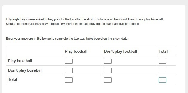 Fifty-eight boys were asked if they play football and/or baseball. Thirty-one of them-example-2