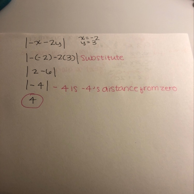 Evaluate |–x – 2y| for x = –2 and y = 3. –8 –4 8 4-example-1