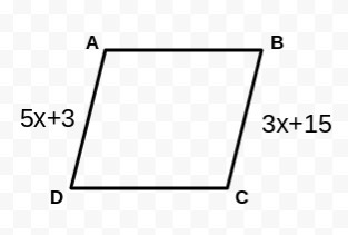 In parallelogram ABCD, (BC) ̅=3x+15 and (AD) ̅=5x+3. What is the length of (AD) ̅?-example-1