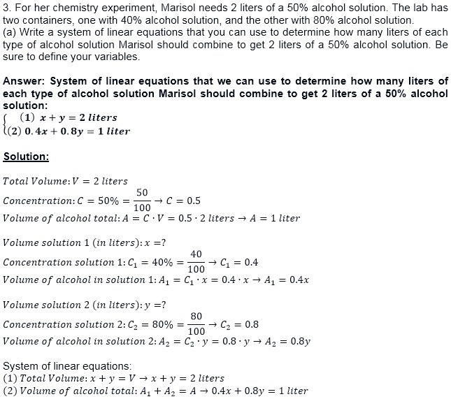 3. For her chemistry experiment, Marisol needs 2 liters of a 50% alcohol solution-example-1