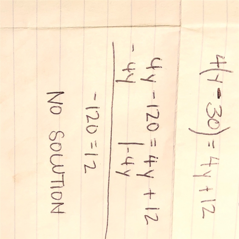 How many solutions does the following equation have? 4(y - 30) = 4y + 12 a. No solutions-example-1