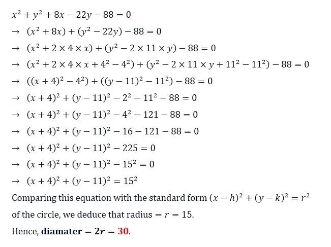 how do you find the diameter of a circle using the equation x^2+y^2+8x-22y-88=0? I-example-1