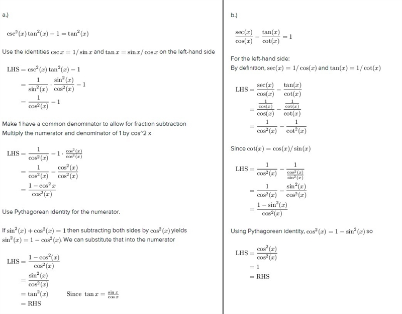 Prove that: a.) [csc^2(x)] * [tan^2(x)] -1 = [tan^2 (x)] b.) Sec(x)/Cos(x) - tan(x-example-1