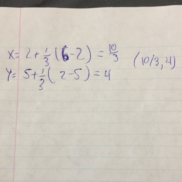 Line segment AB has endpoints A(2, 5) and B(6, 2). Find the coordinates of the point-example-1