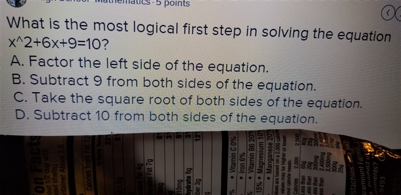 What is the most logicial first step in solving the equation x^2+6x+9=10-example-1