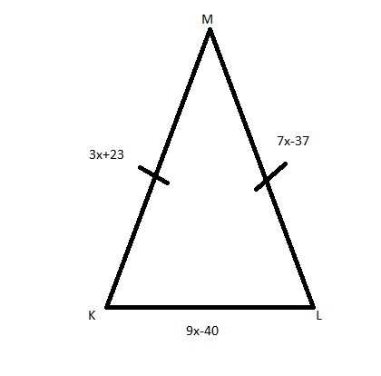 In triangle KLM, if K is congruent to L, KL = 9x - 40, LM = 7x - 37, & KM = 3x-example-1