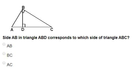 Side ab in triangle abd corresponds to which side of triangle abc? ab bc ac-example-1