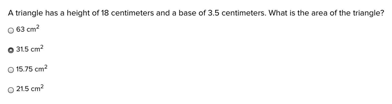 A triangle has a height of 18 centimeters and a base of 3.5 centimeters. What is the-example-1