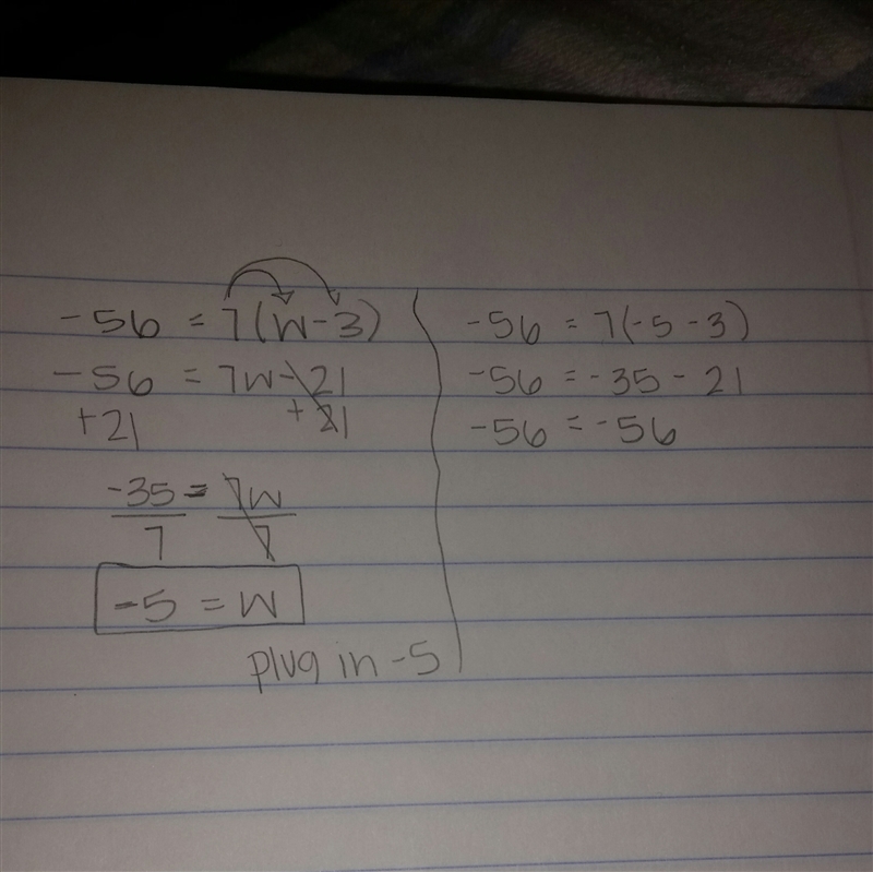 For each value of w, determine whether it is a solution to -56=7(w-3).-example-1