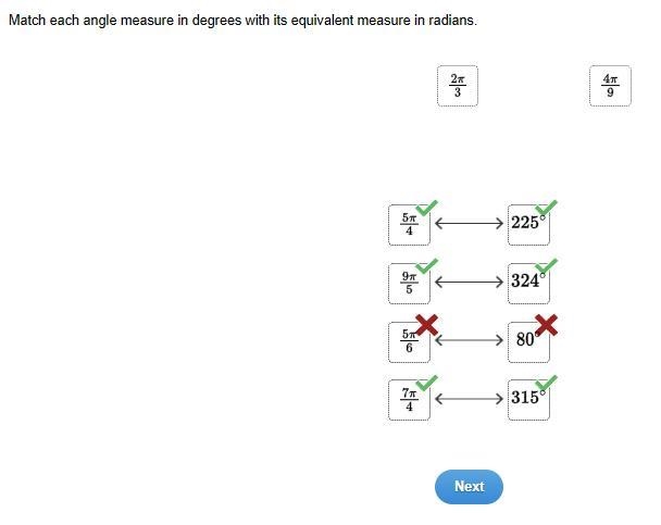 Match each angle measure in degrees with its equivalent measure in radians-example-1