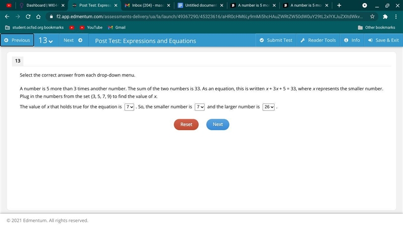 A number is 5 more than 3 times another number. The sum of the two numbers is 33. As-example-1