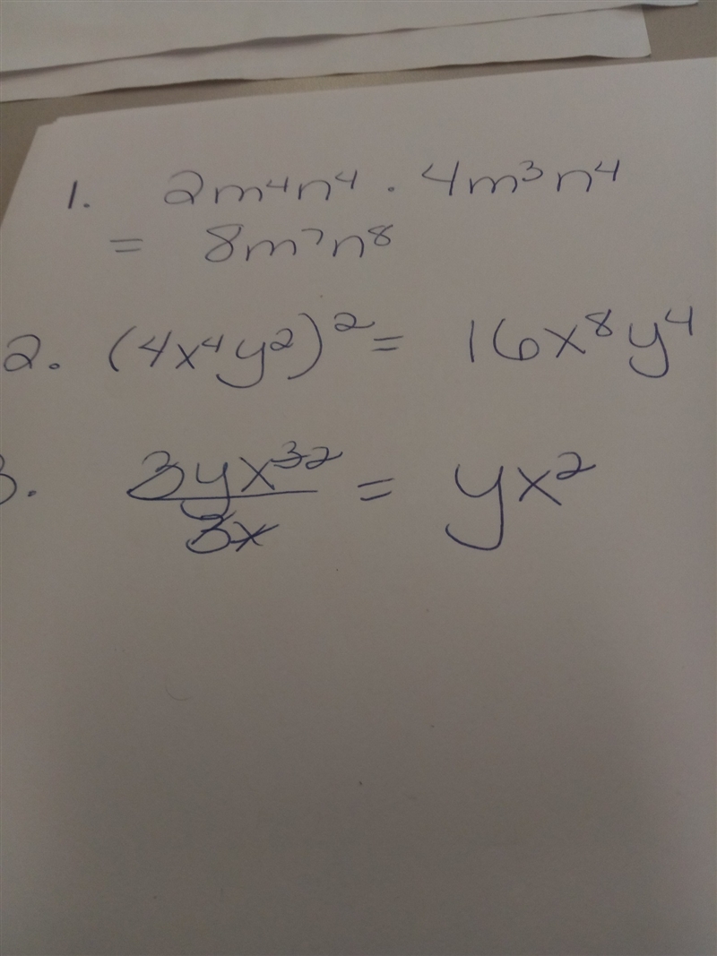 Simplify PLEASE SHOW WORK!! 1). 2m^4n^4•4m^3n^4 2). (4x^4y^2)^2 3). 3yx^3/3x-example-1