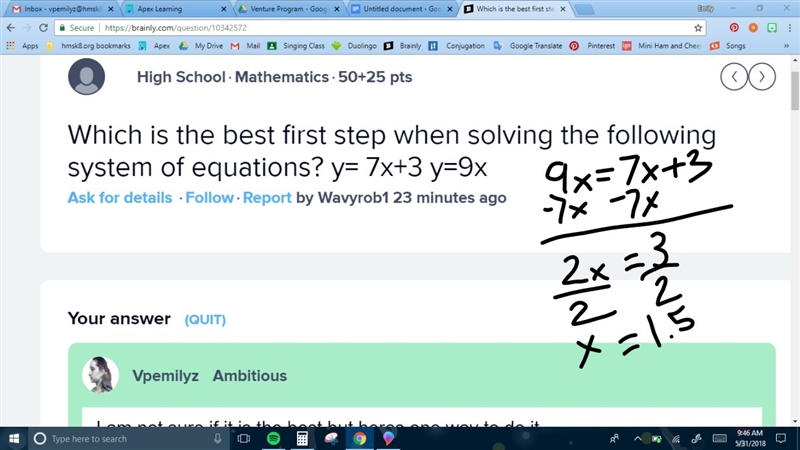 Which is the best first step when solving the following system of equations? y= 7x-example-1