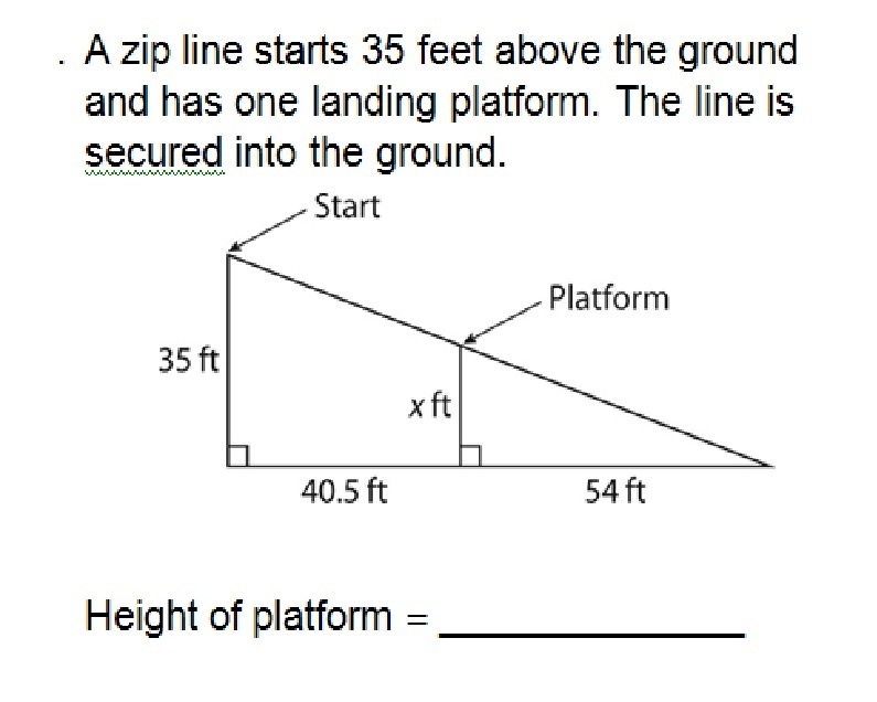 A zip line starts 35 feet above the ground and has one landing platform. The line-example-1