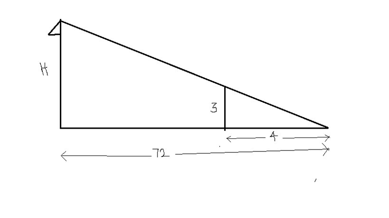 The length of a shadow of a flagpole was found to be 72 feet.the shadow of a 3 foot-example-1