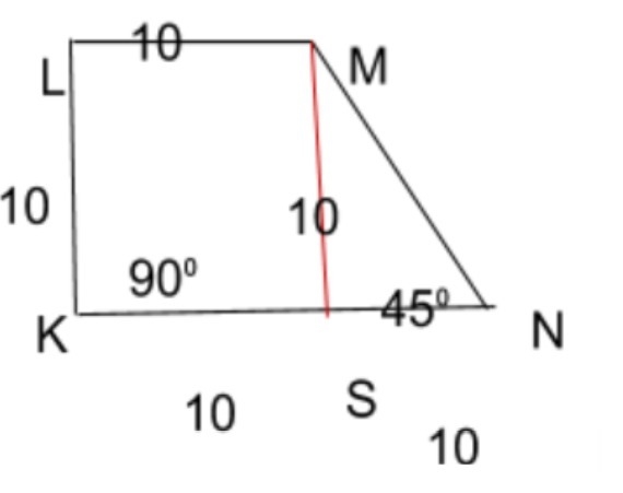 Given: KLMN is a trapezoid m∠K = 90°, m∠N = 45° LK = LM = 10 Find: KN, Area of KLMN-example-1