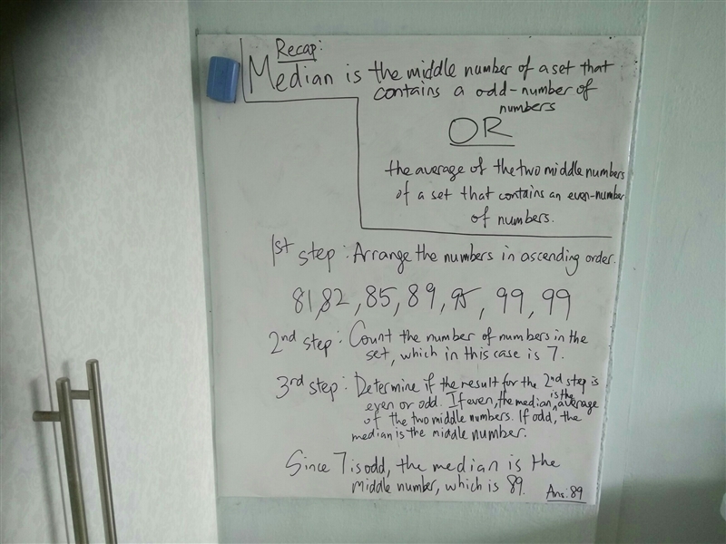 Sheryl got these scores on her tests 95, 89, 99, 85, 82, 81, 99 what is the median-example-1