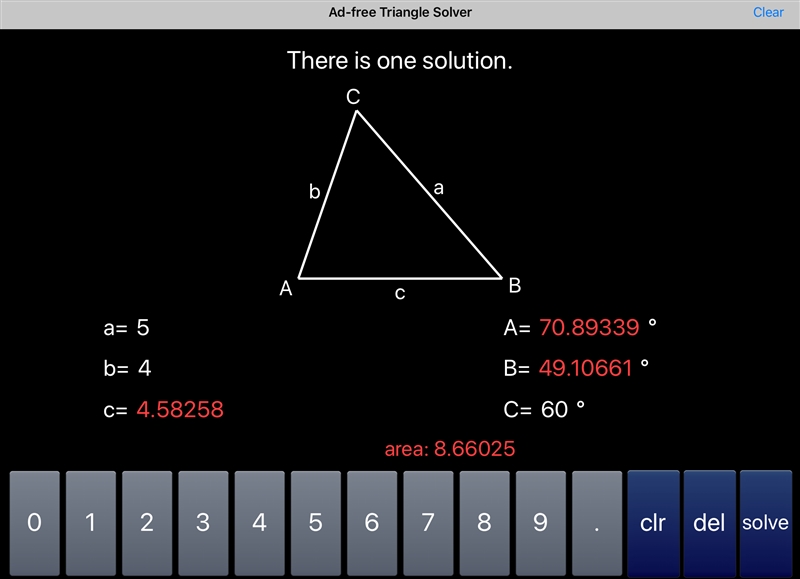 A triangle has sides aequals=55 and bequals=44 and angle cequals=60degrees°. find-example-1