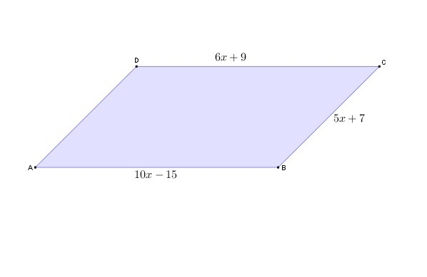 I really need Help Please!!!!!!!! ABCD is a parallelogram. If side AB = 10x - 15, side-example-1